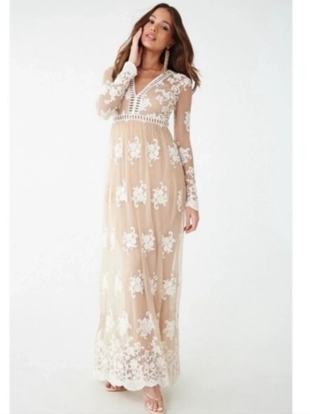 Bohemian Style Long Maxi Dress Tan Sheer White Embroidery